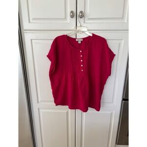 Coldwater Creek Pink Cotton Gauze Pintuck Henley Blouse XL Magenta Short Sleeve